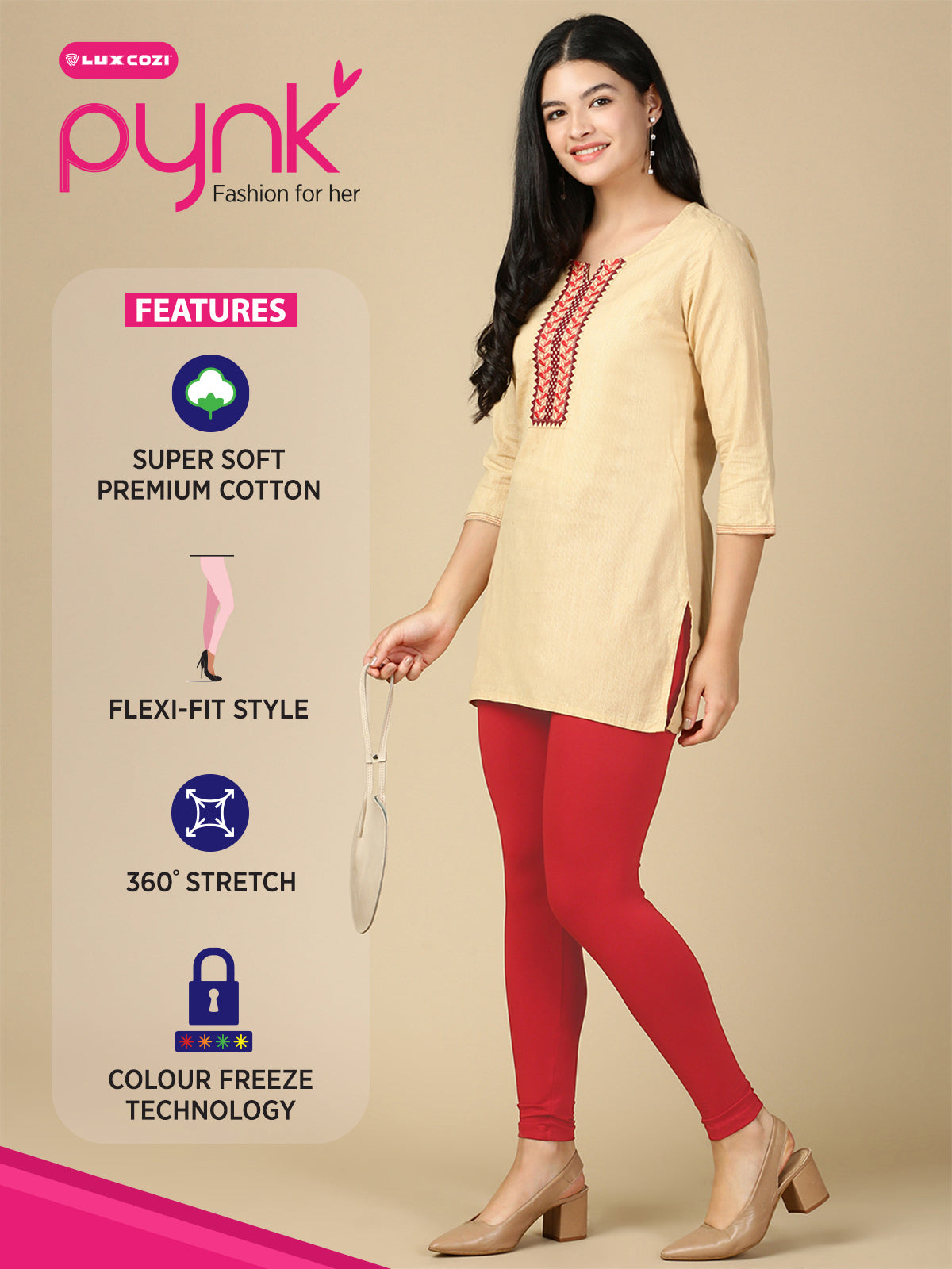 Scarlet Premium Cotton Stretch Ankle Length Leggings - PYNK