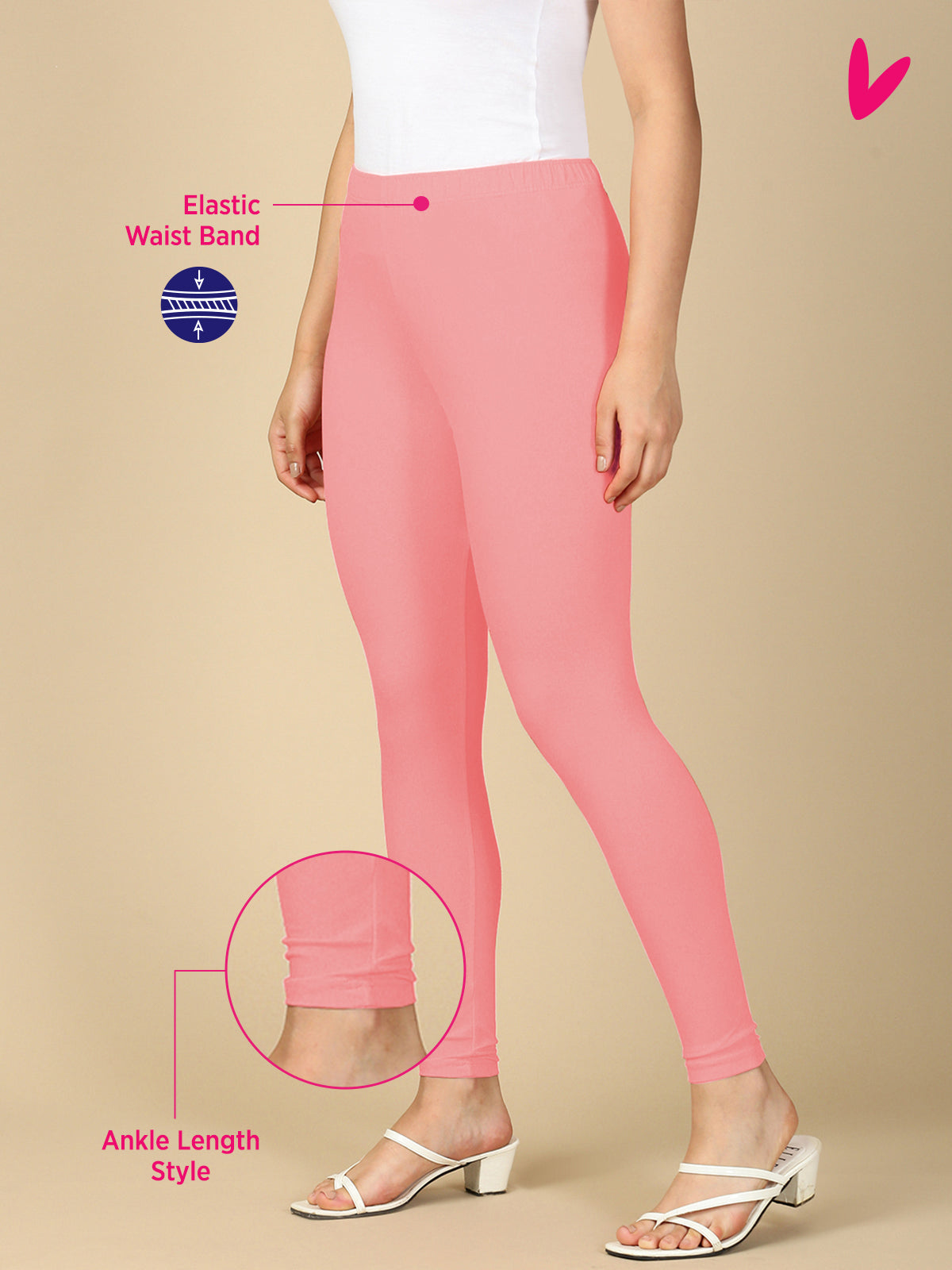 Light Pink Premium Cotton Stretch Ankle Length Leggings - PYNK