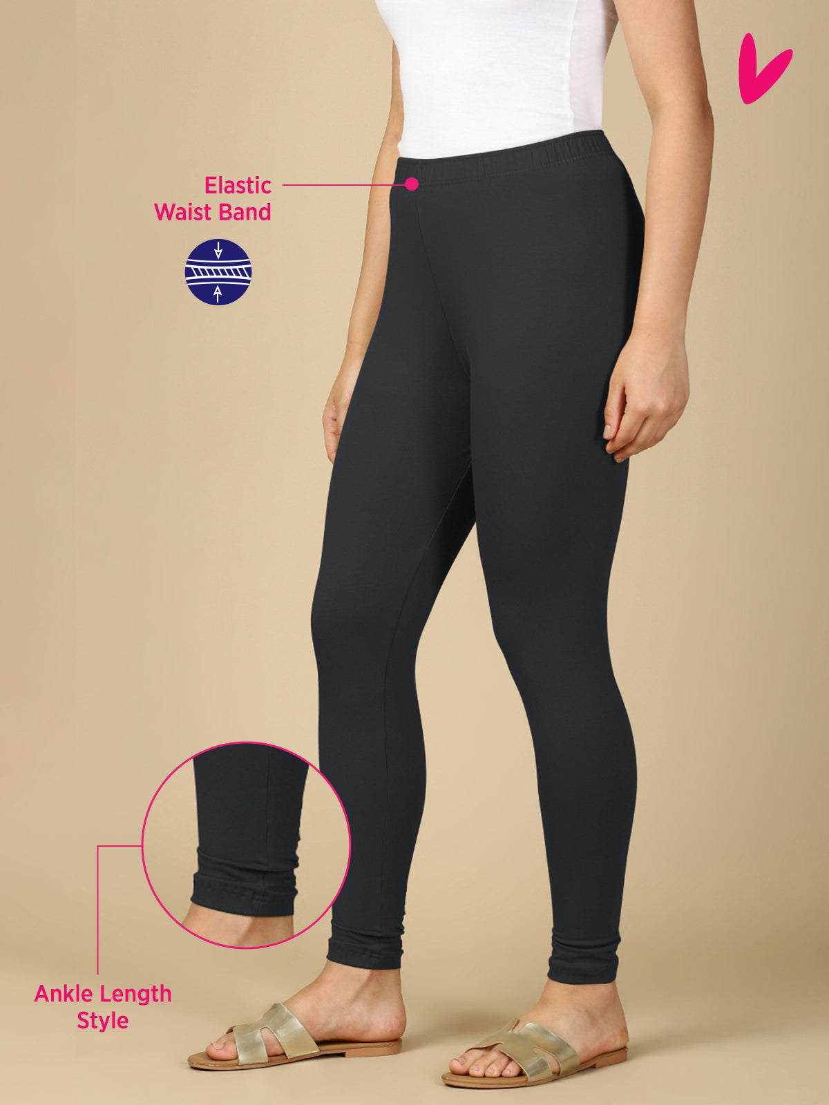Black Melange Premium Cotton Stretch Ankle Length Leggings - PYNK