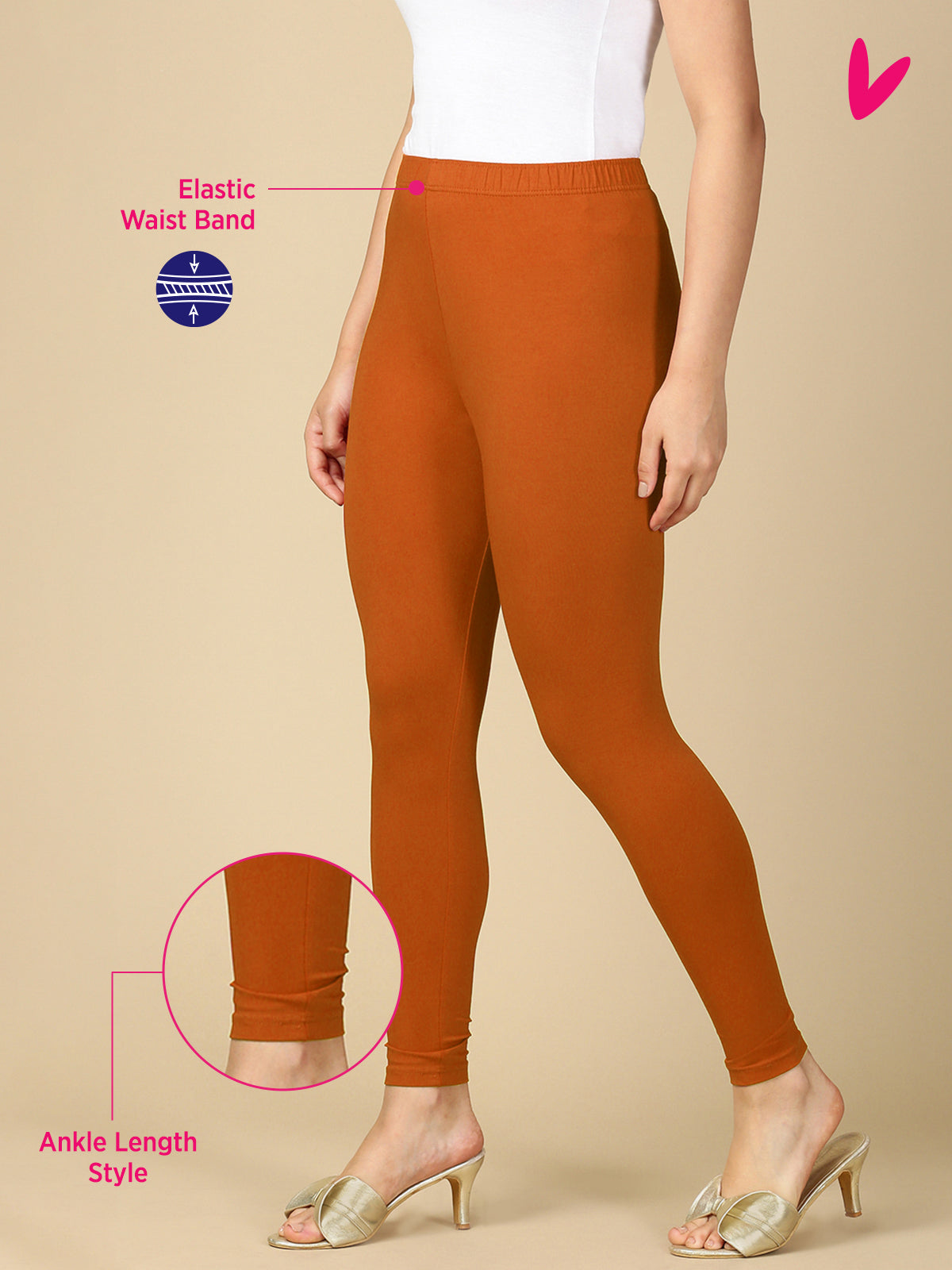 Rust Premium Cotton Stretch Ankle Length Leggings - PYNK