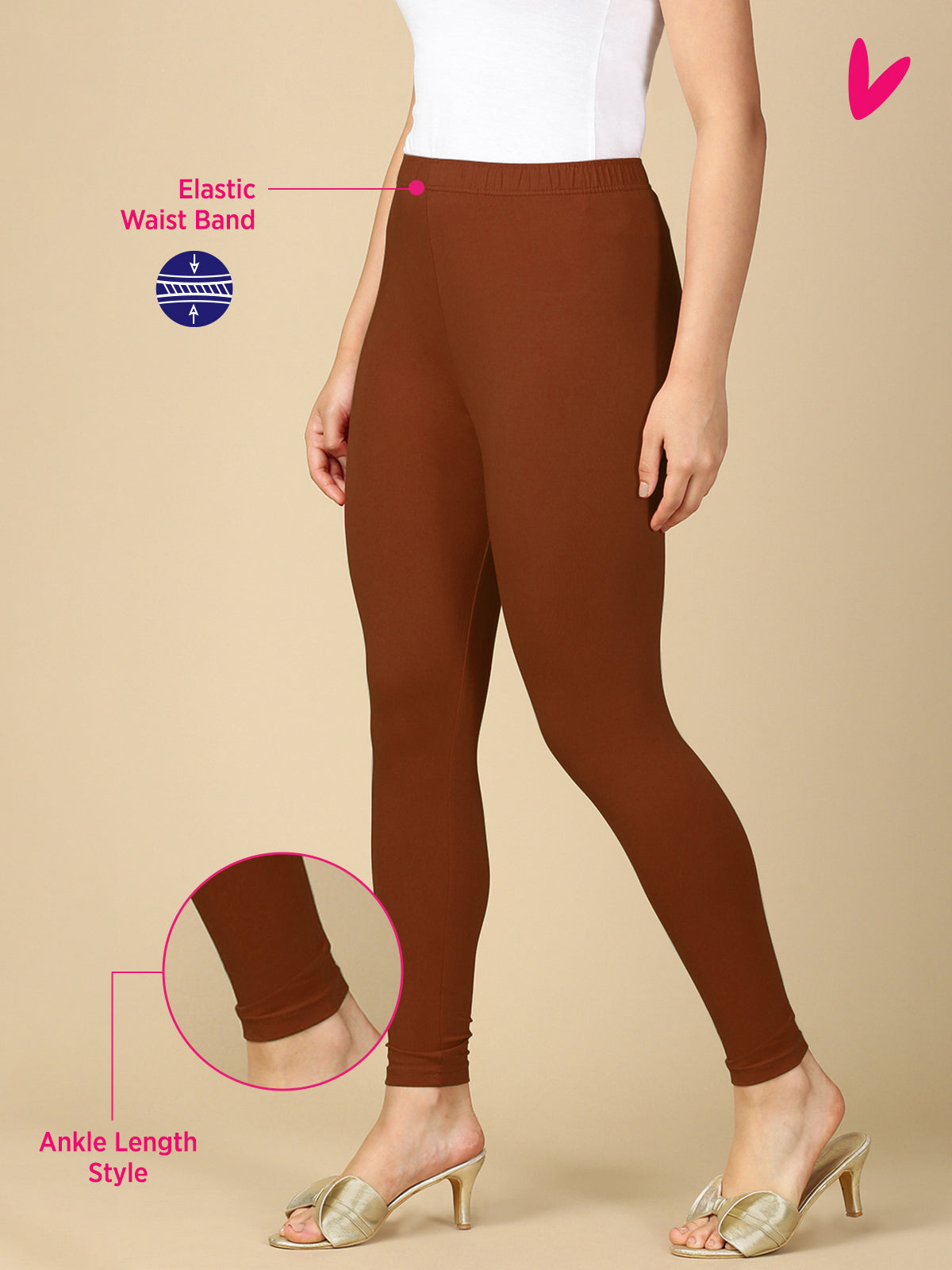 M Brown Premium Cotton Stretch Ankle Length Leggings - PYNK