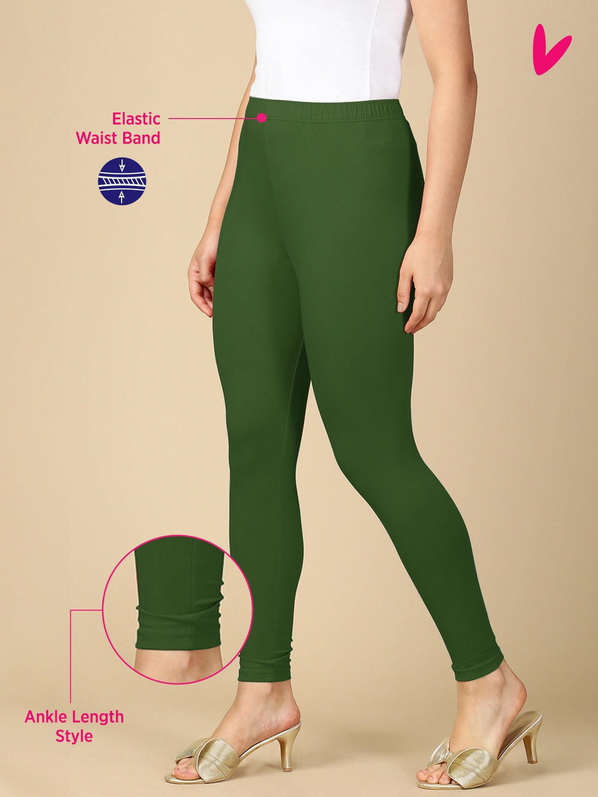 Bottle Green Premium Cotton Stretch Ankle Length Leggings - PYNK