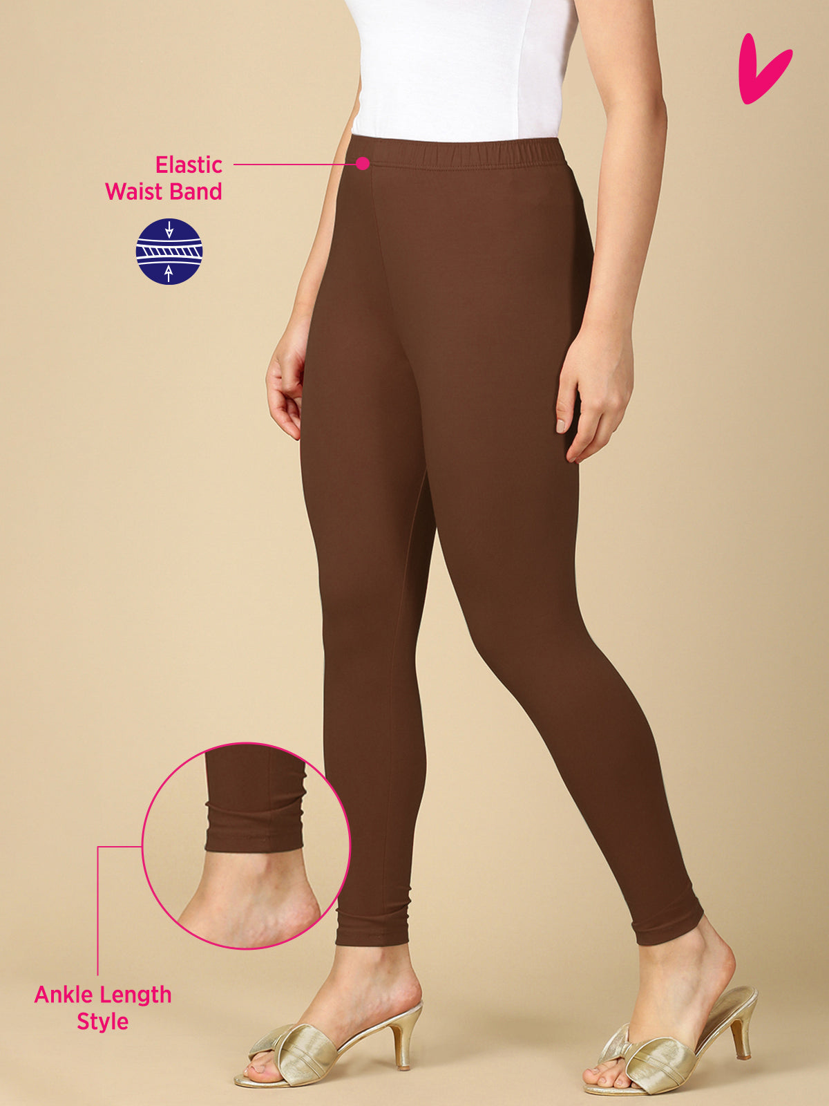 Brown Premium Cotton Stretch Ankle Length Leggings - PYNK
