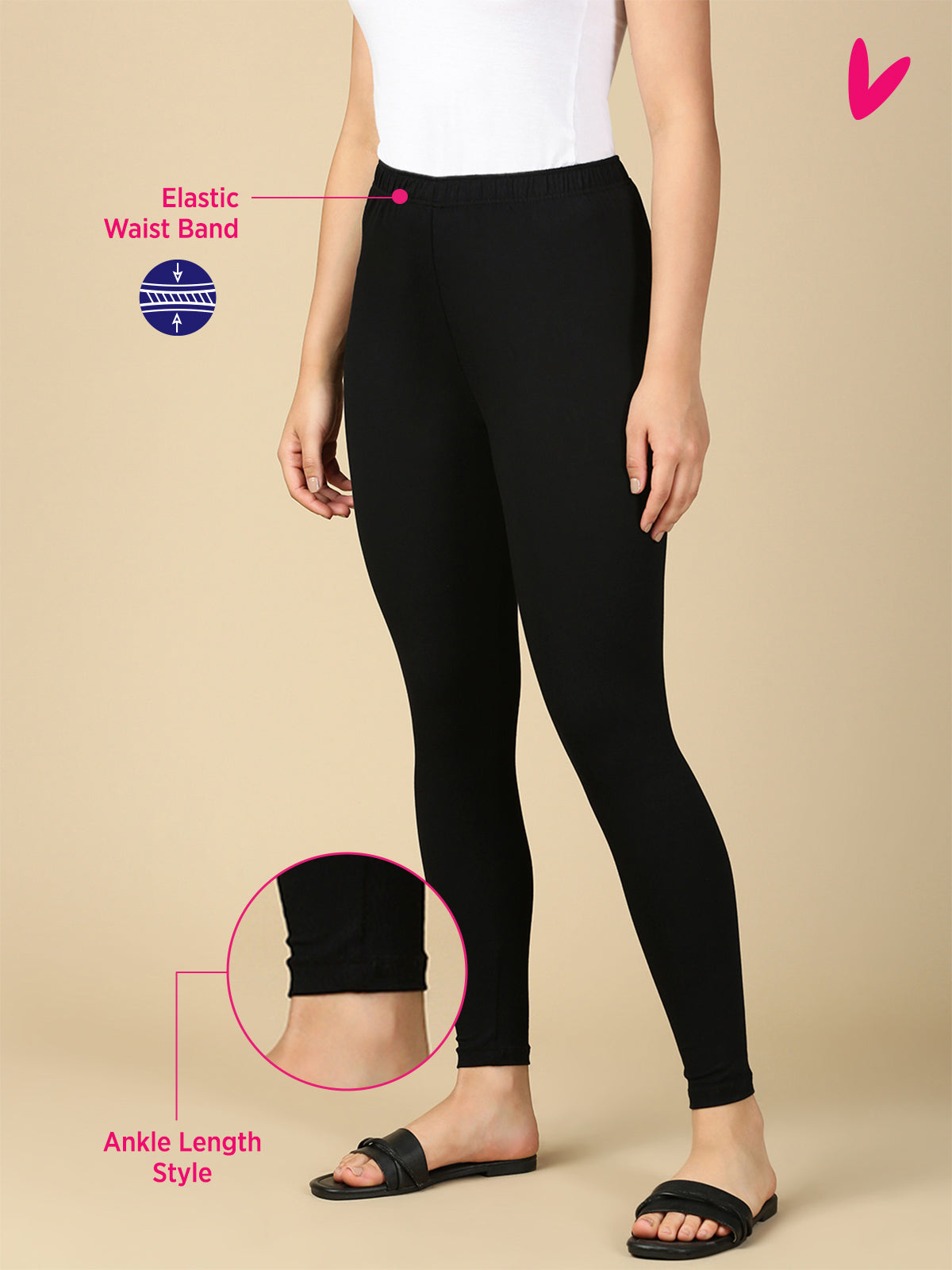 Black Premium Cotton Stretch Ankle Length Leggings - PYNK