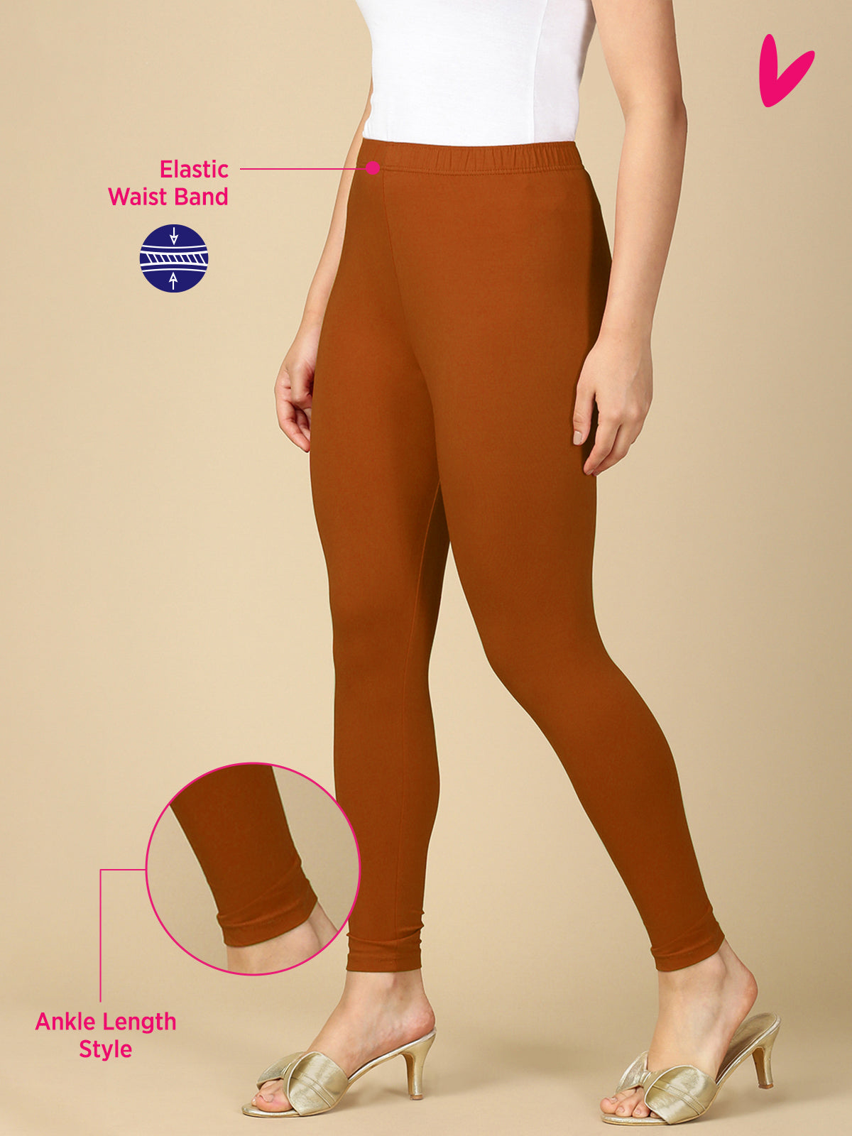 Dark Rust Premium Cotton Stretch Ankle Length Leggings - PYNK