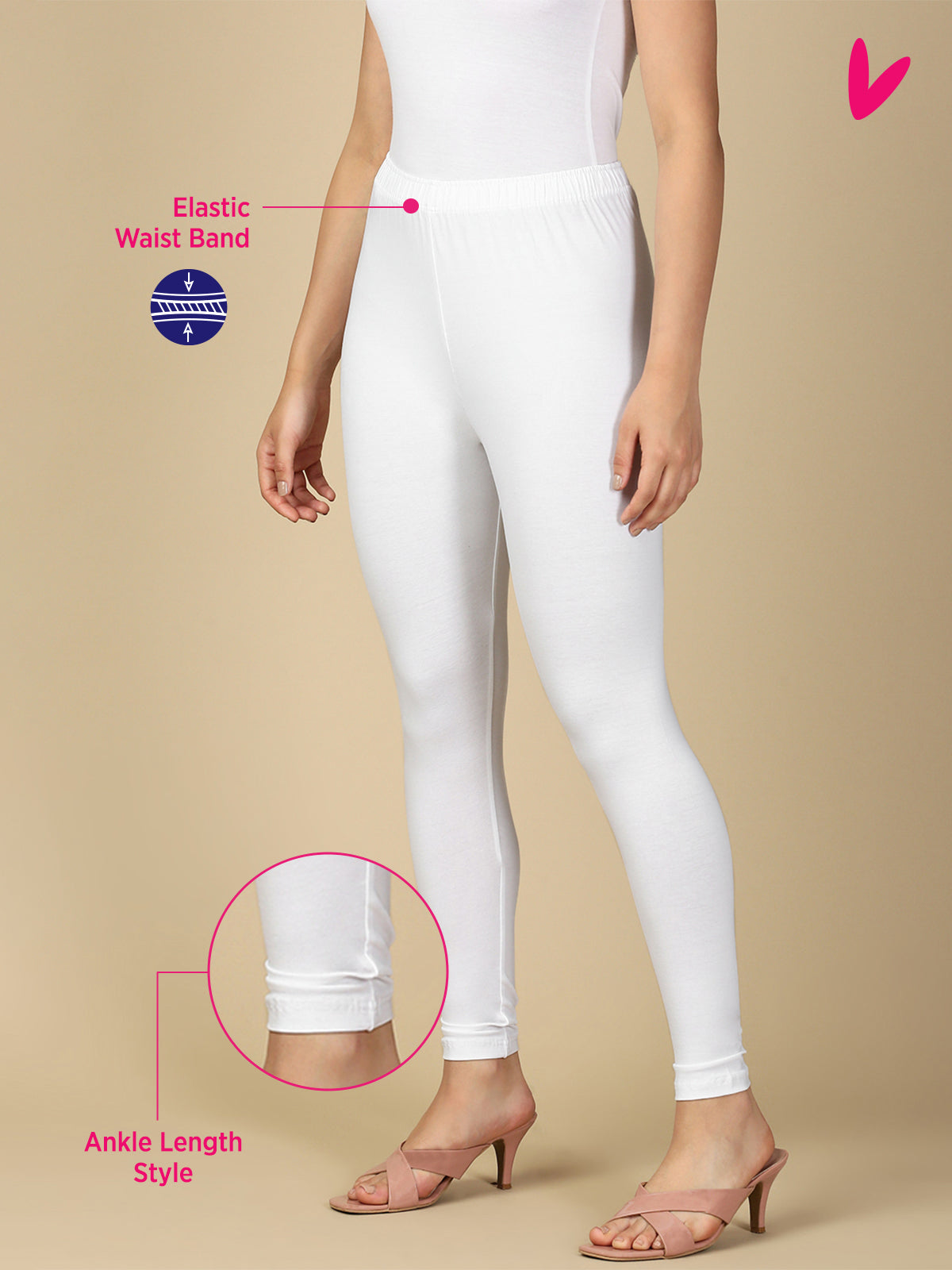 White Premium Cotton Stretch Ankle Length Leggings - PYNK