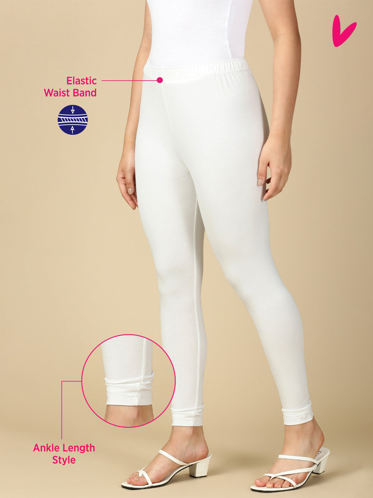 Off White Premium Cotton Stretch Ankle Length Leggings - PYNK