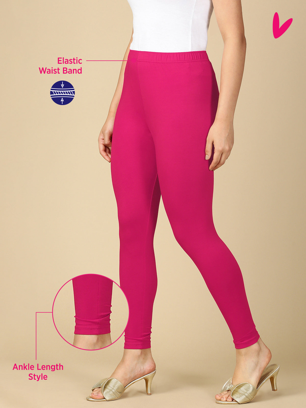 Rose Pink Premium Cotton Stretch Ankle Length Leggings - PYNK