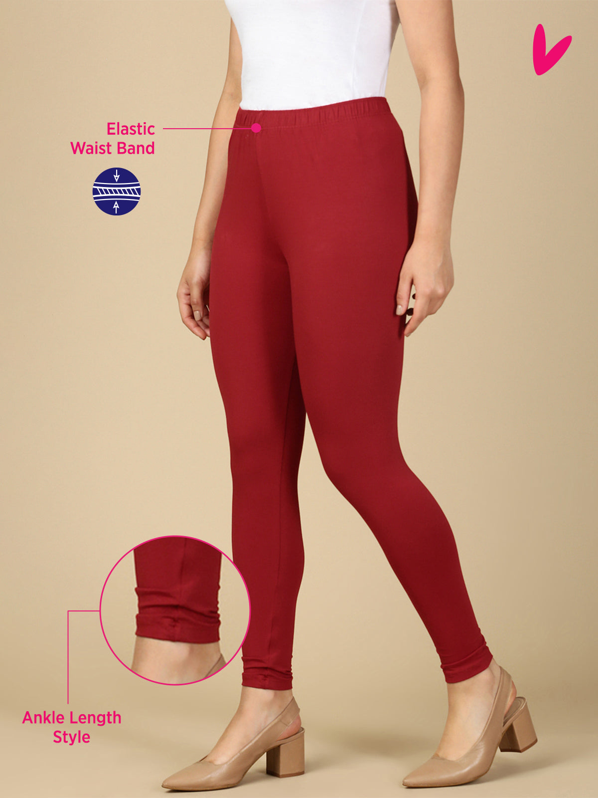 Parry Red Premium Cotton Stretch Ankle Length Leggings - PYNK