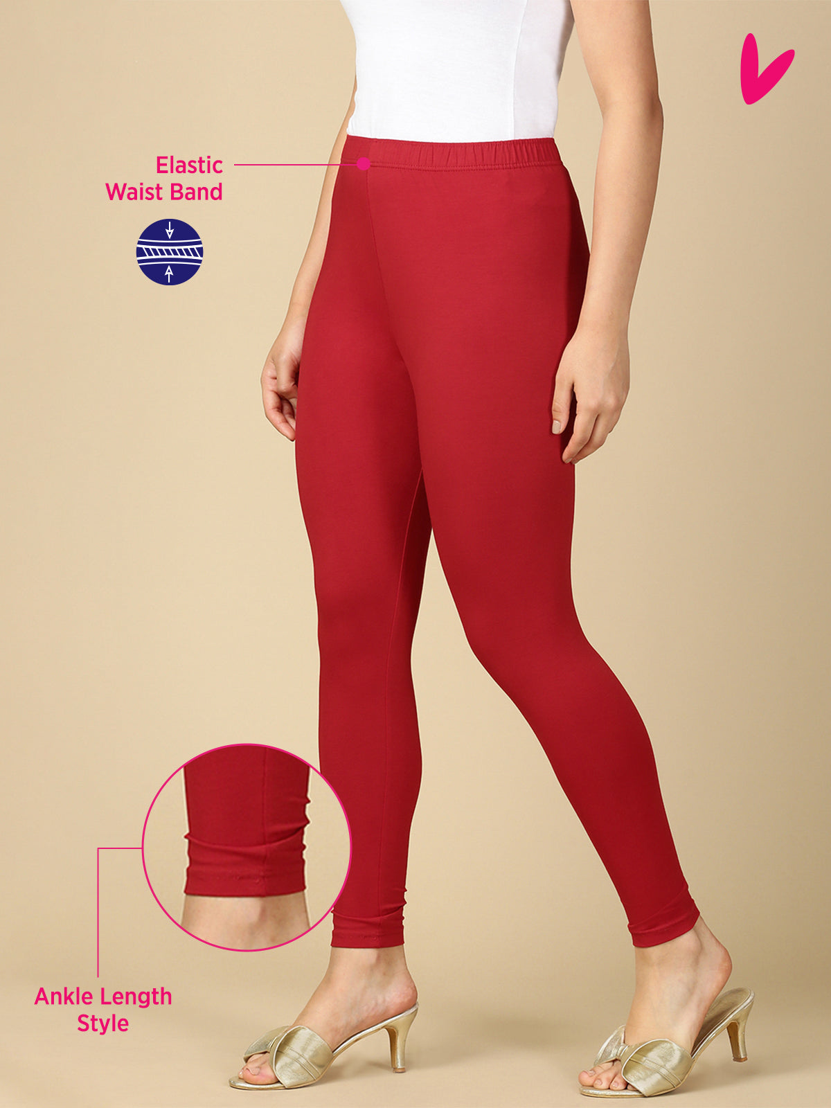 Red Premium Cotton Stretch Ankle Length Leggings - PYNK