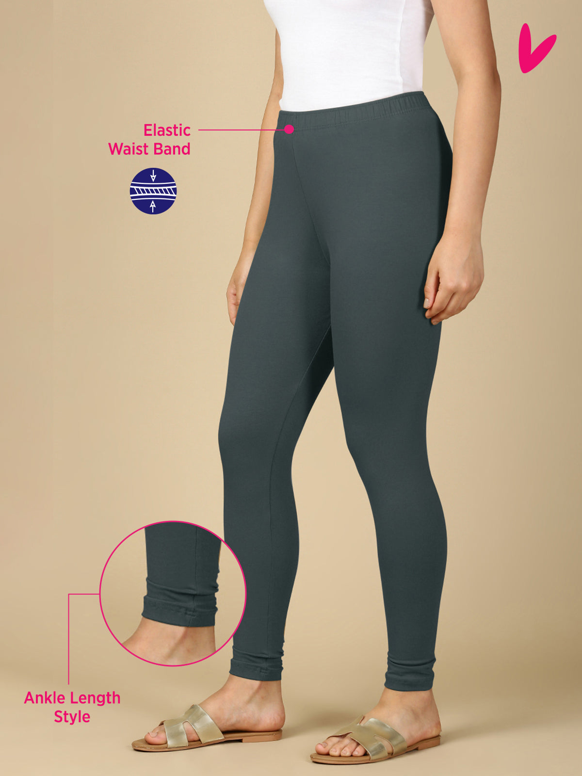 Steel Grey Premium Cotton Stretch Ankle Length Leggings - PYNK