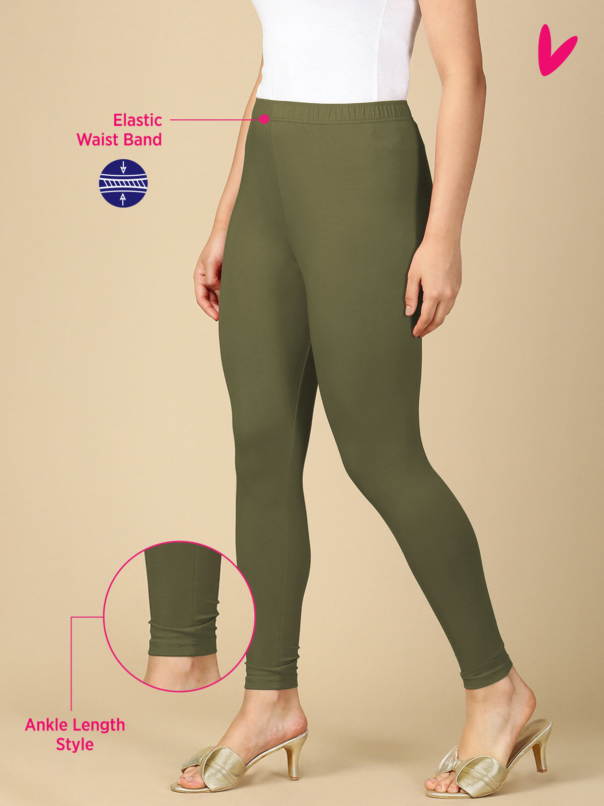 Army Green Premium Cotton Stretch Ankle Length Leggings - PYNK