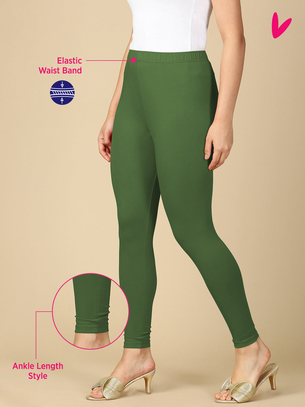 Basil Green Premium Cotton Stretch Ankle Length Leggings - PYNK
