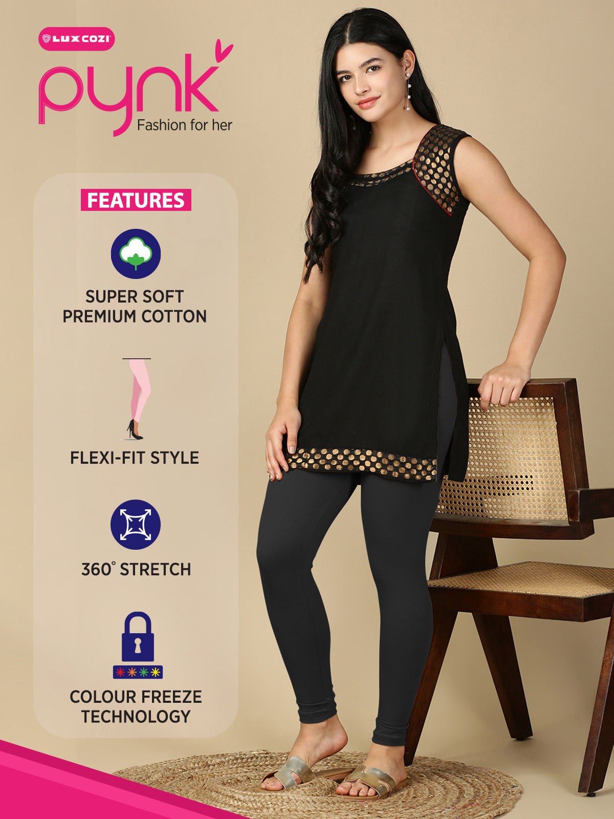 Black Melange Premium Cotton Stretch Ankle Length Leggings - PYNK