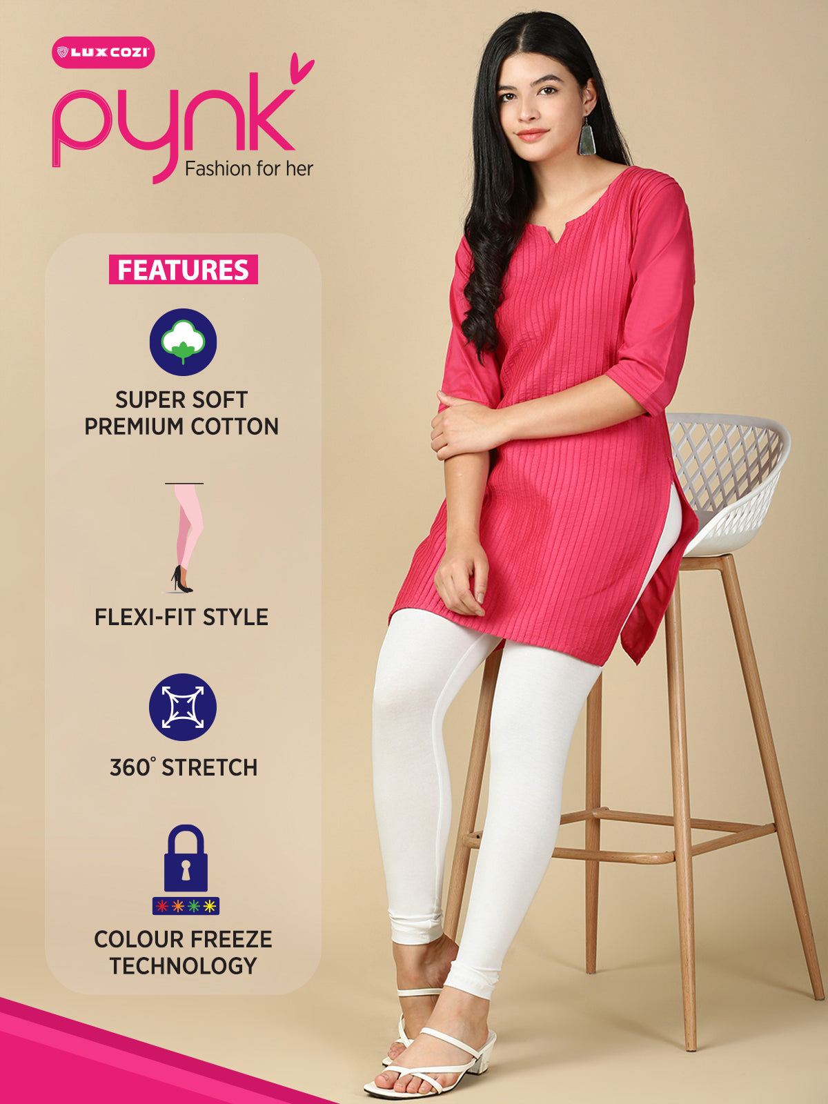 Off White Premium Cotton Stretch Ankle Length Leggings - PYNK