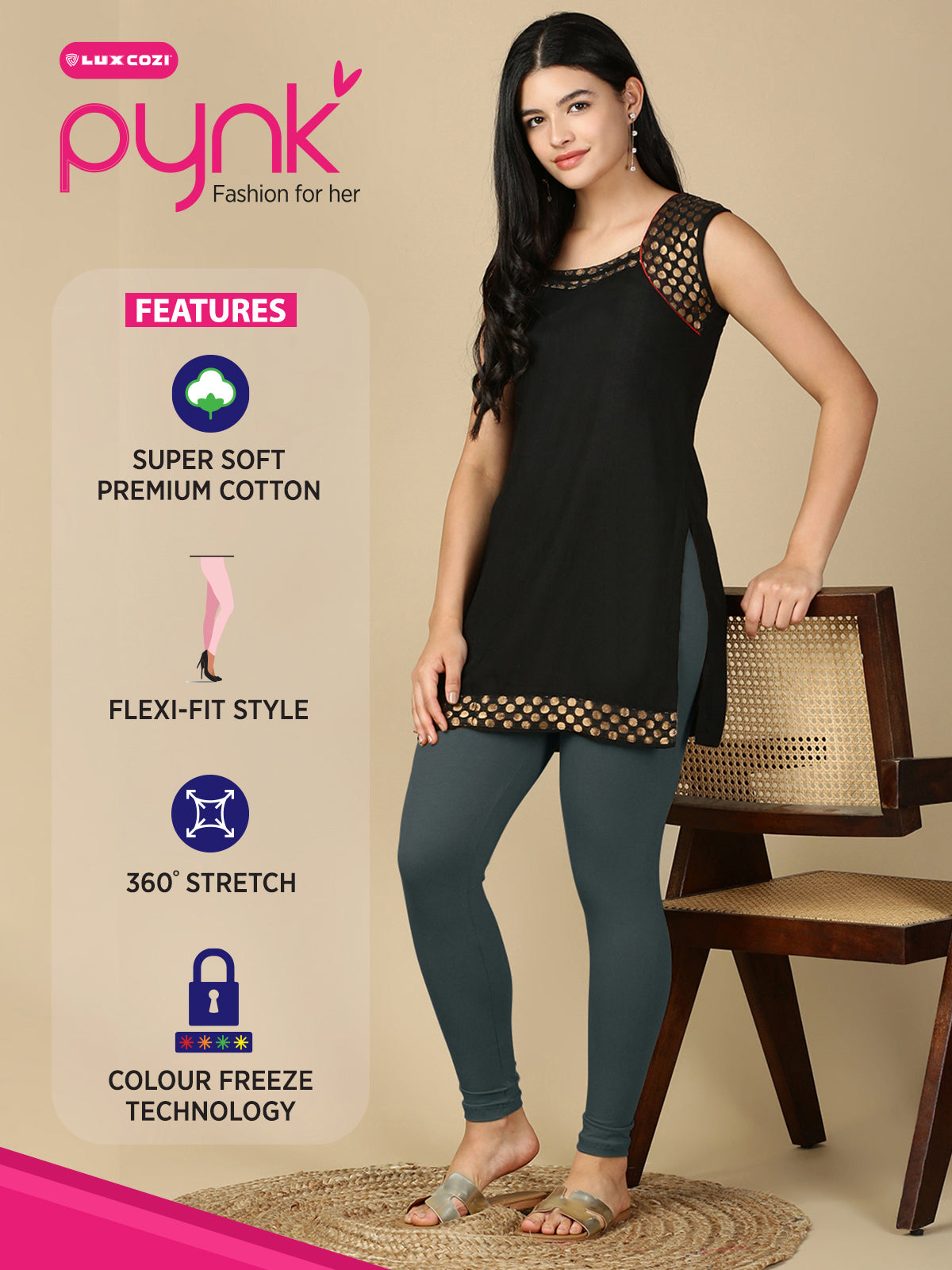 Steel Grey Premium Cotton Stretch Ankle Length Leggings - PYNK