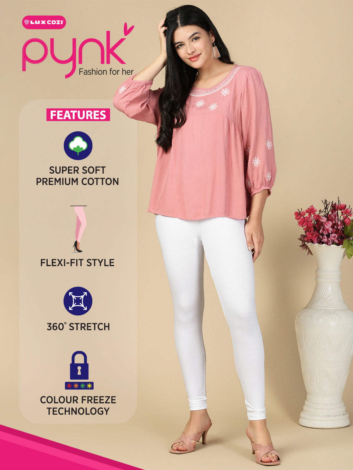 White Premium Cotton Stretch Ankle Length Leggings - PYNK