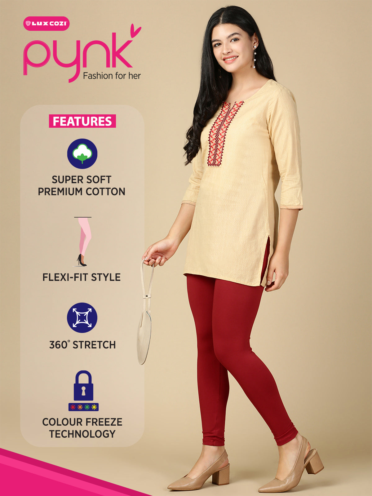 Parry Red Premium Cotton Stretch Ankle Length Leggings - PYNK