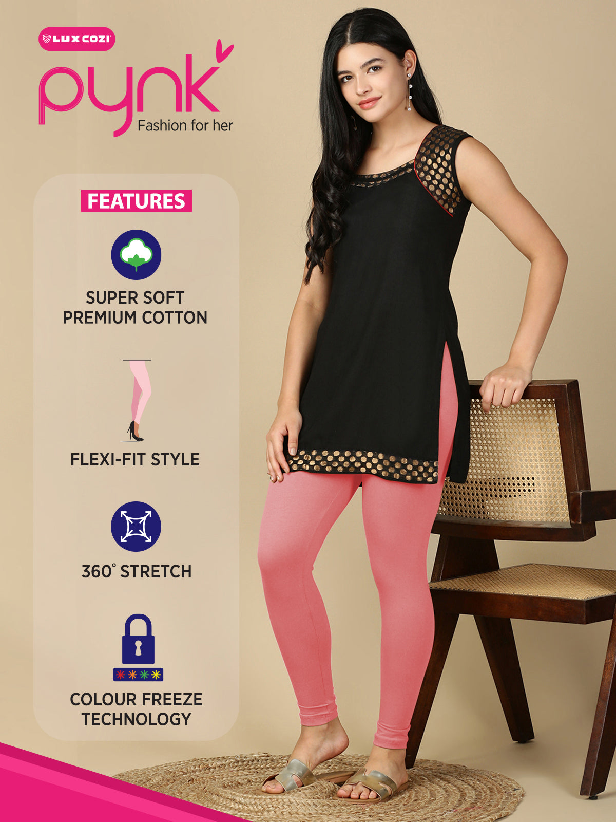LT. Fuchsia Premium Cotton Stretch Ankle Length Leggings - PYNK