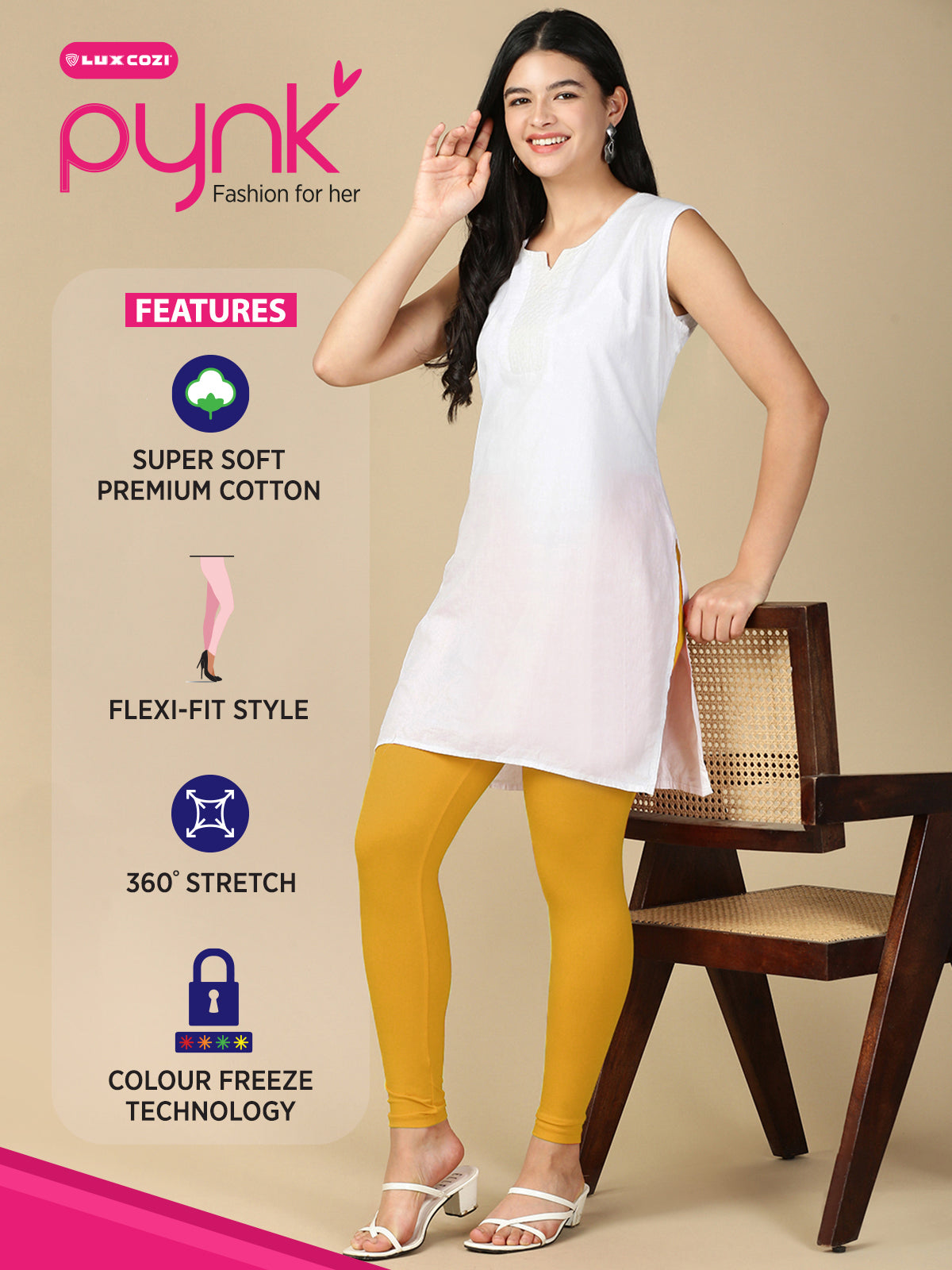 Yellow Premium Cotton Stretch Ankle Length Leggings - PYNK