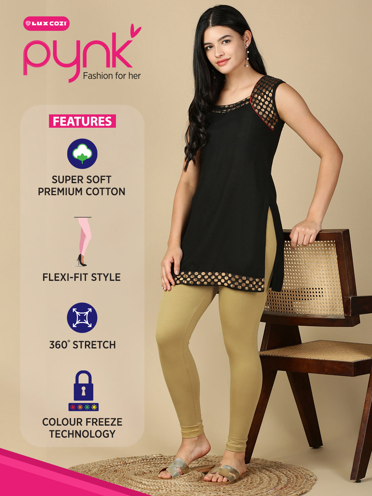 Granola Premium Cotton Stretch Ankle Length Leggings - PYNK