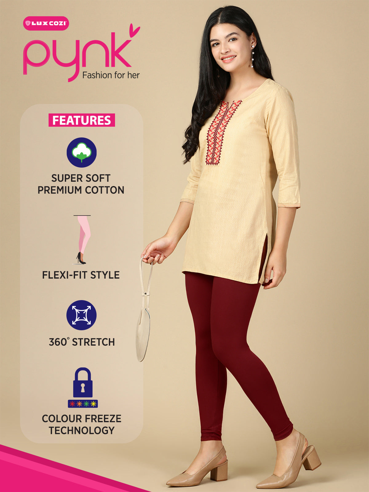 Deep Maroon Premium Cotton Stretch Ankle Length Leggings - PYNK