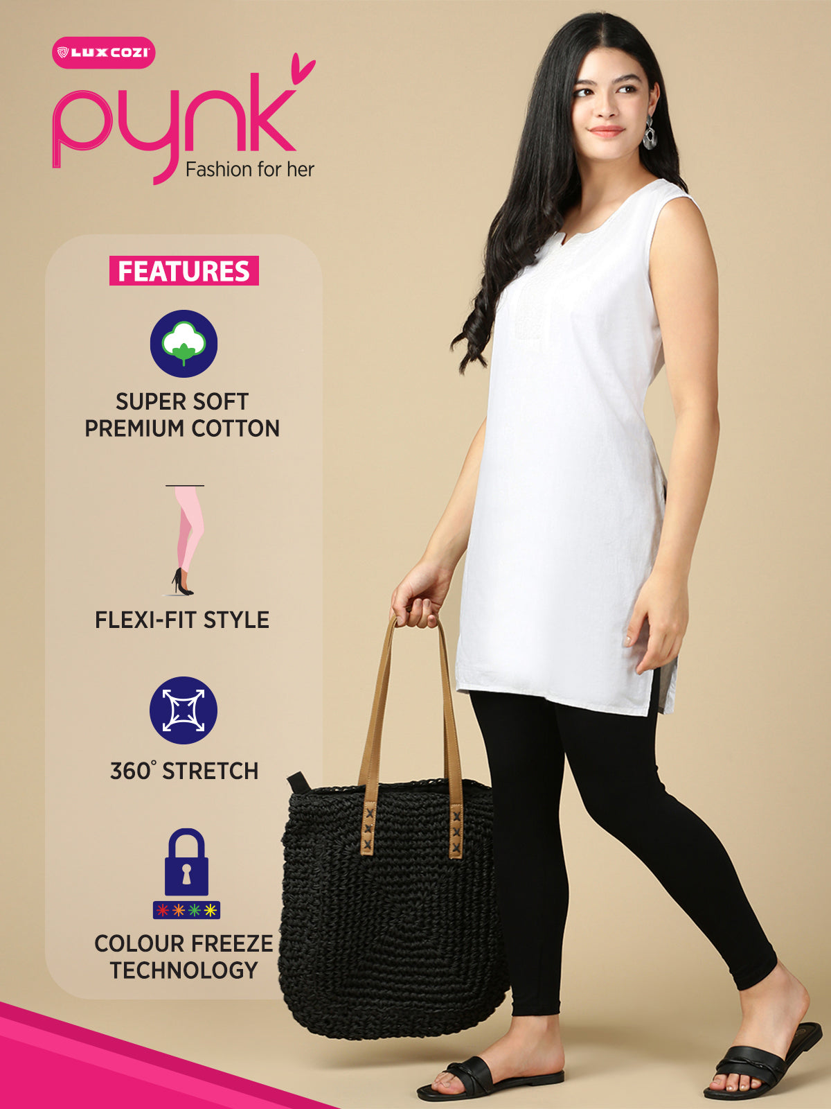 Black Premium Cotton Stretch Ankle Length Leggings - PYNK