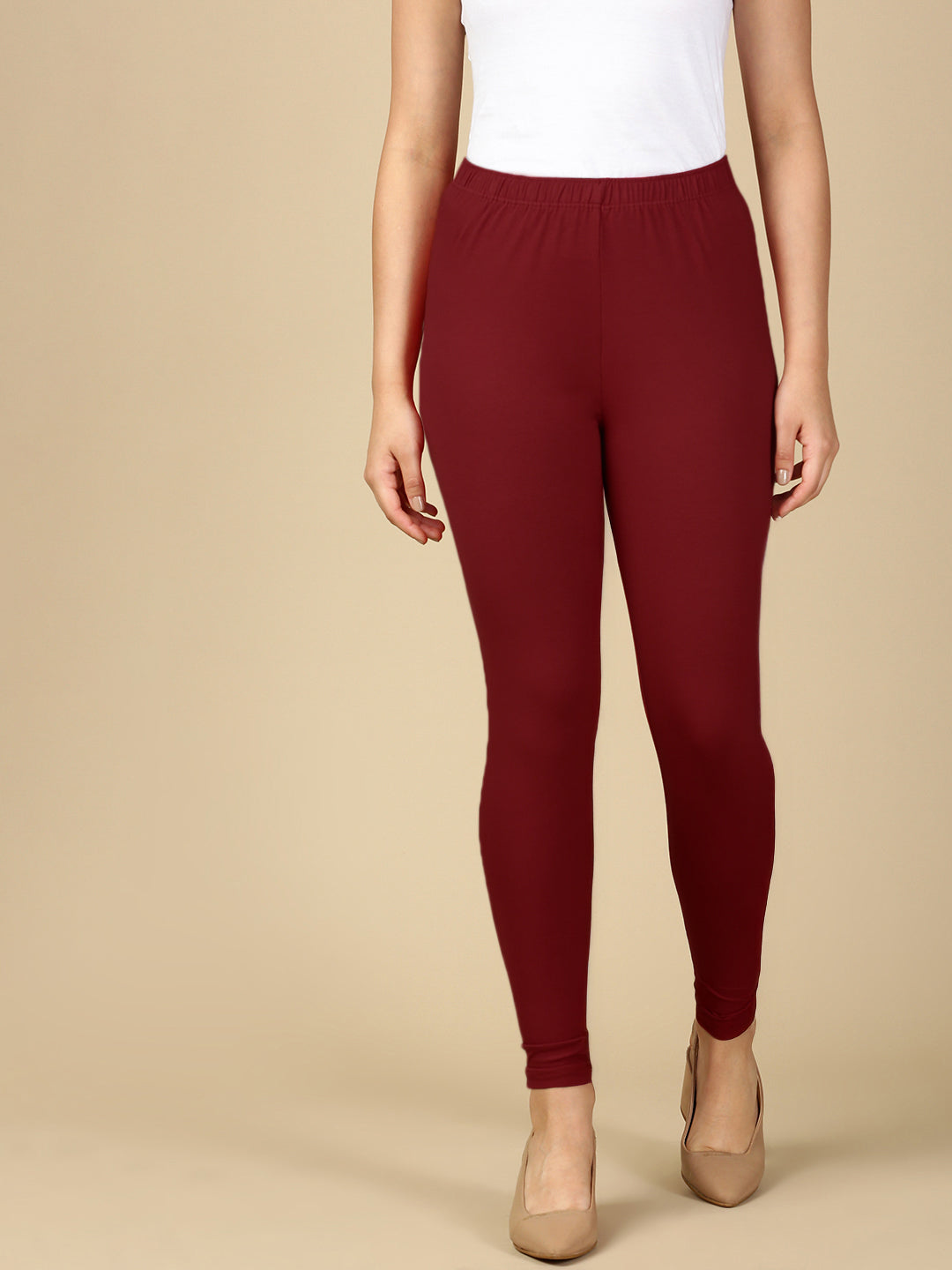 Deep Maroon Premium Cotton Stretch Ankle Length Leggings - PYNK