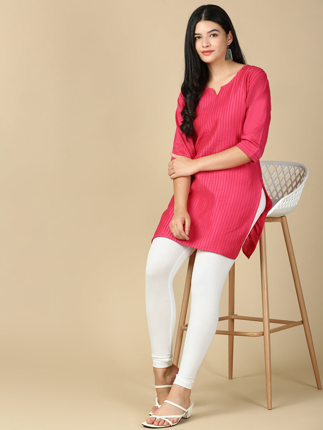 Off White Premium Cotton Stretch Ankle Length Leggings - PYNK