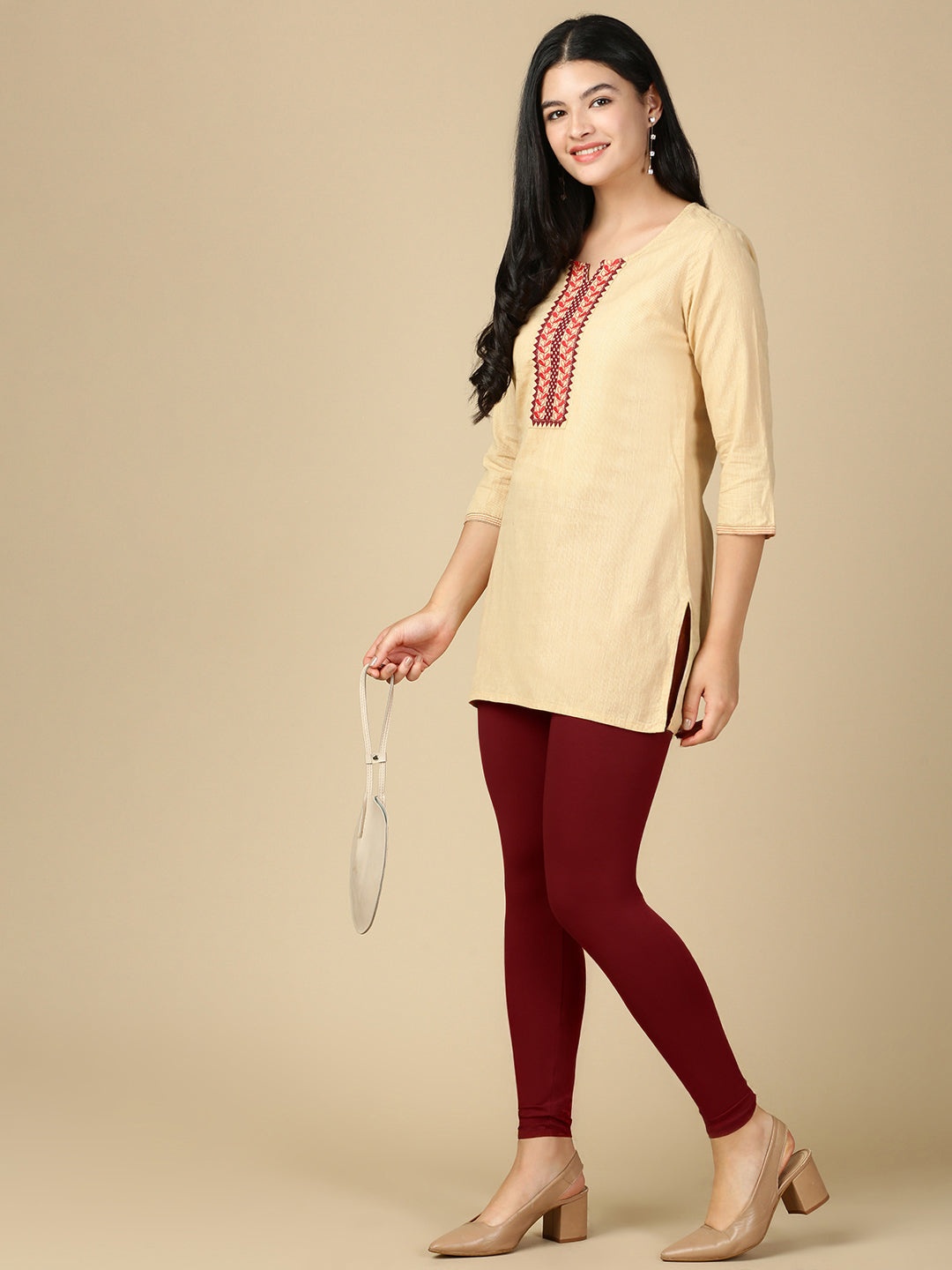 Deep Maroon Premium Cotton Stretch Ankle Length Leggings - PYNK