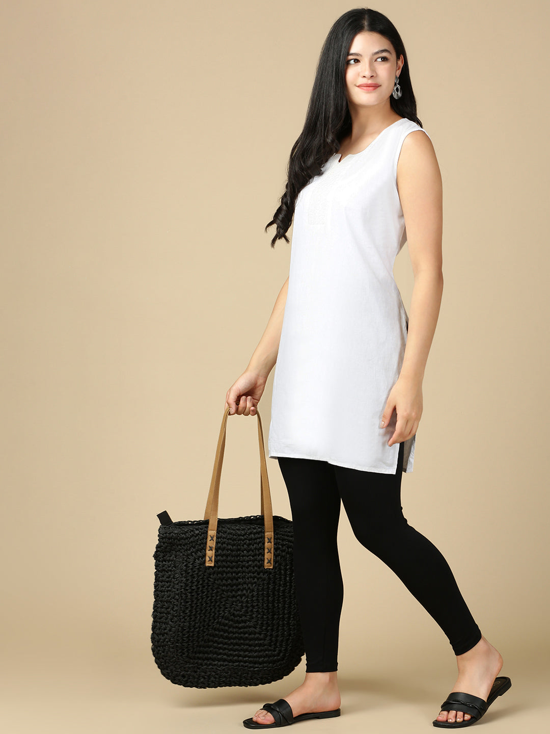 Black Premium Cotton Stretch Ankle Length Leggings - PYNK