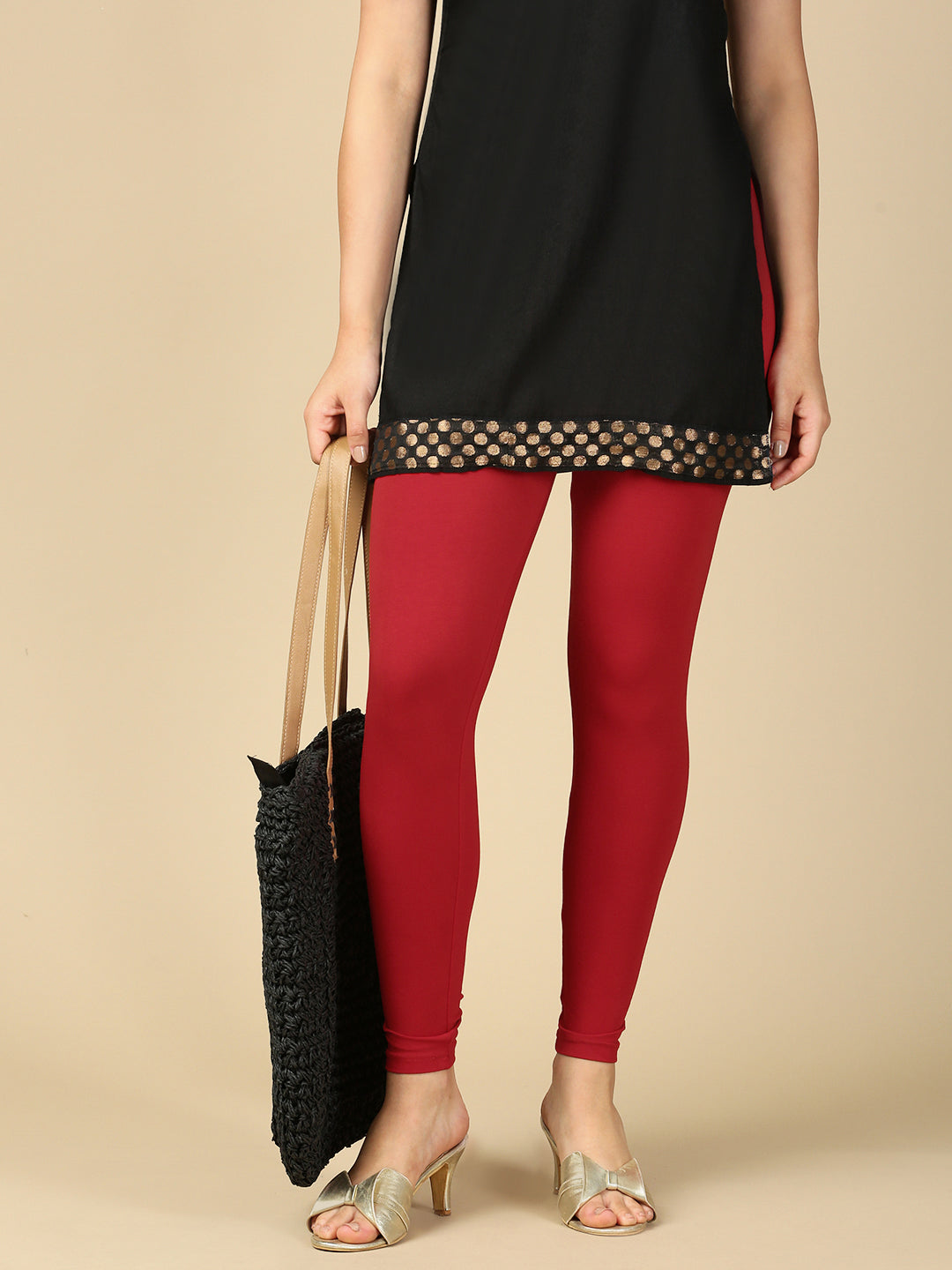 Red Premium Cotton Stretch Ankle Length Leggings - PYNK
